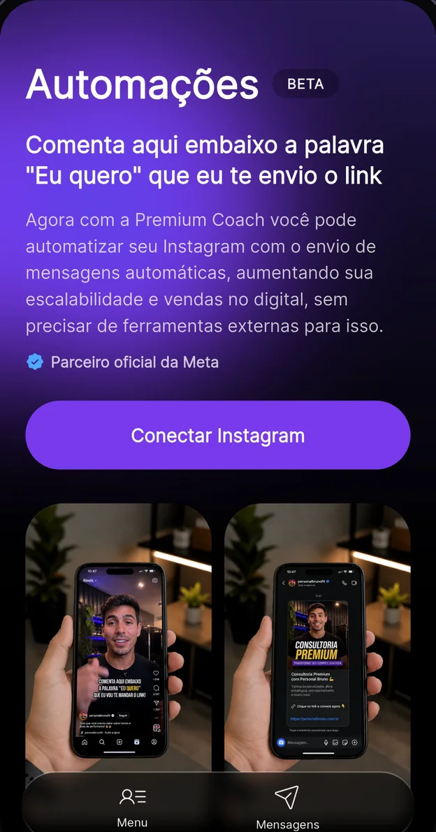 Automações de Instagram no app Premium Coach — resposta automática por palavra-chave