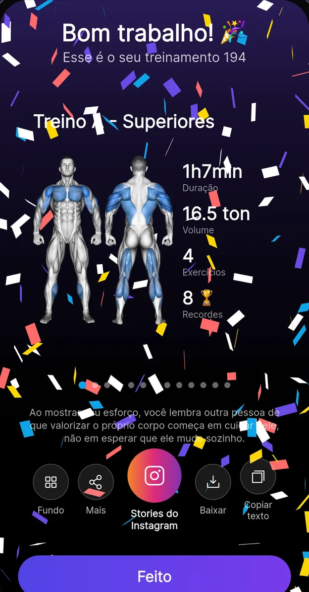 Tela de conquistas no app Premium Coach — resumo do treino com duração, volume, exercícios e recordes