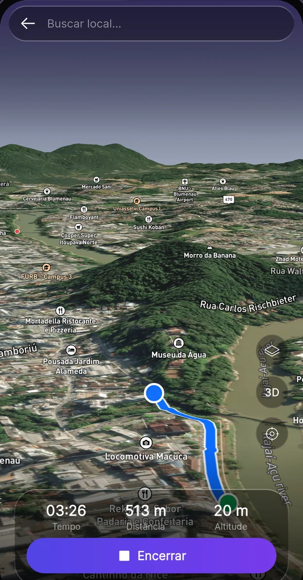 Atividade ao ar livre com GPS 3D no app Premium Coach — mapa em relevo com tempo, distância e altitude