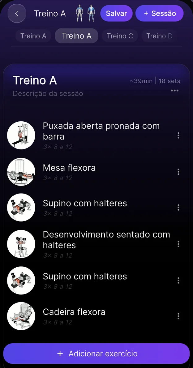 Montagem de treino no app Premium Coach — lista de exercícios com séries e repetições