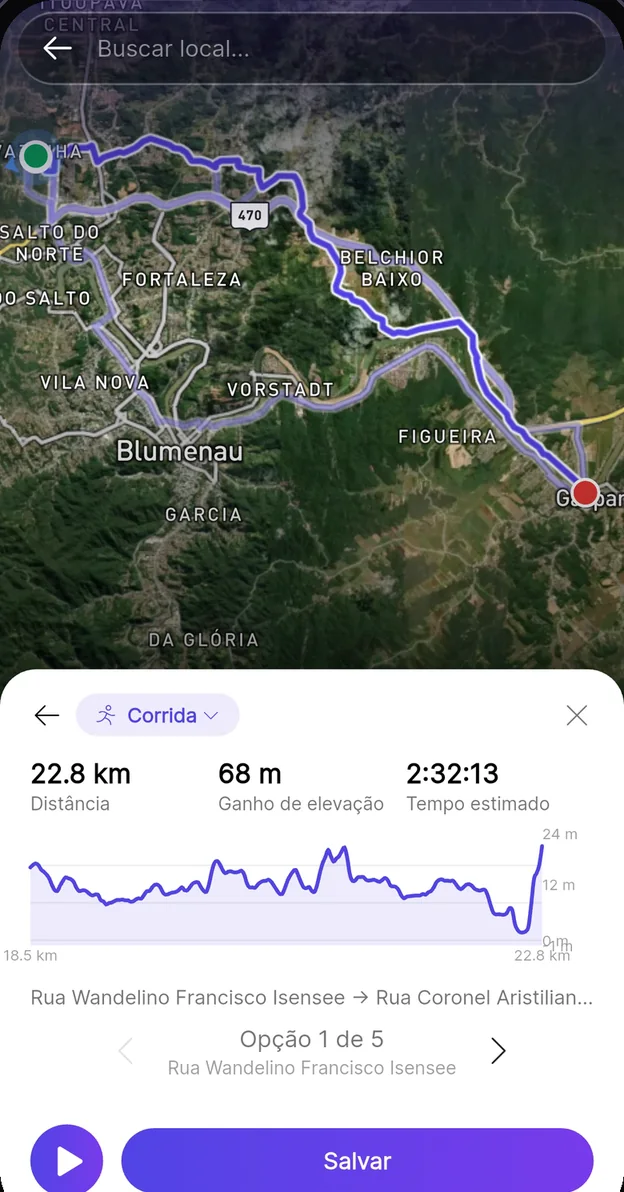 Planejamento de rota de corrida no app Premium Coach — distância, ganho de elevação e gráfico de altitude