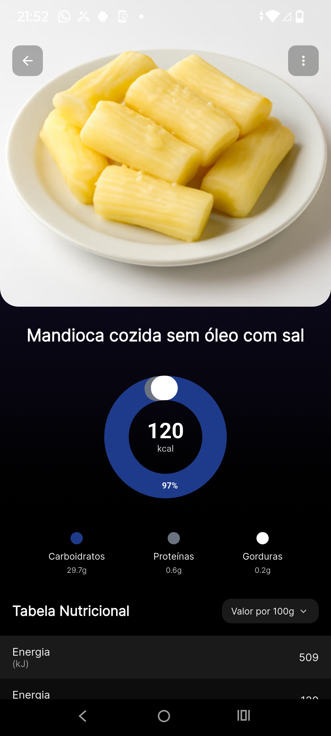 Detalhe do alimento no app Premium Coach