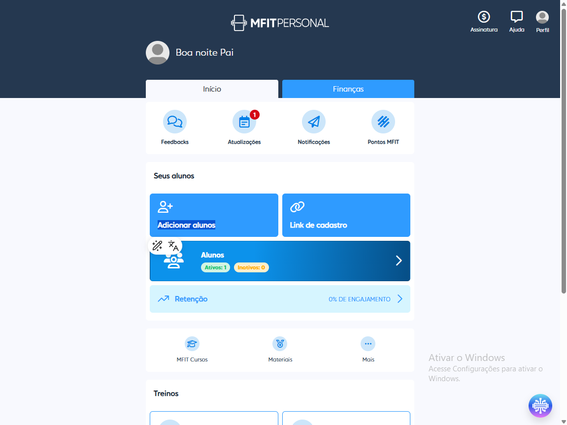 Dashboard do MFIT Personal centrado verticalmente com duas abas: Início e Finanças