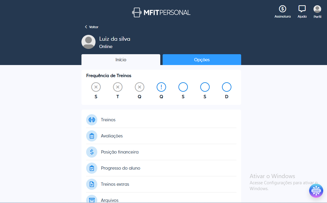 Perfil do aluno na MFIT com frequência semanal e menu de ações