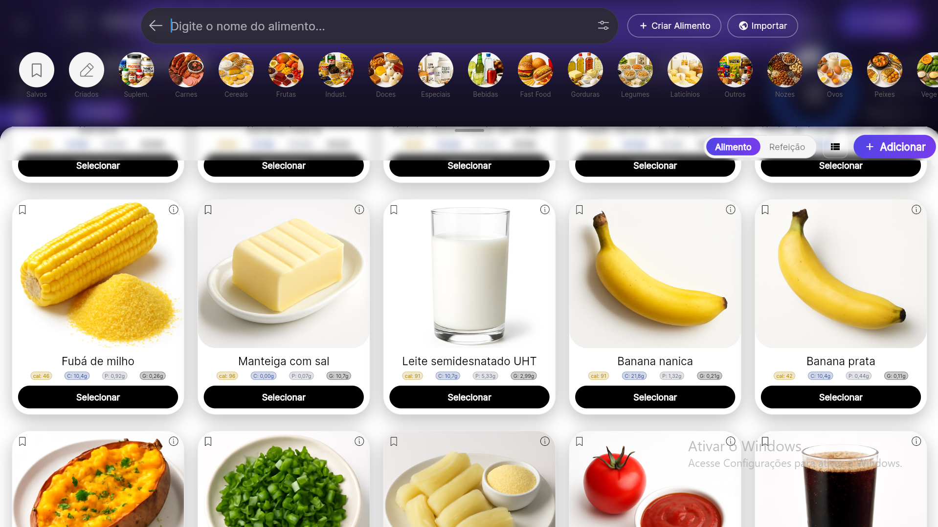 Premium Coach — grid de alimentos com fotos e macros