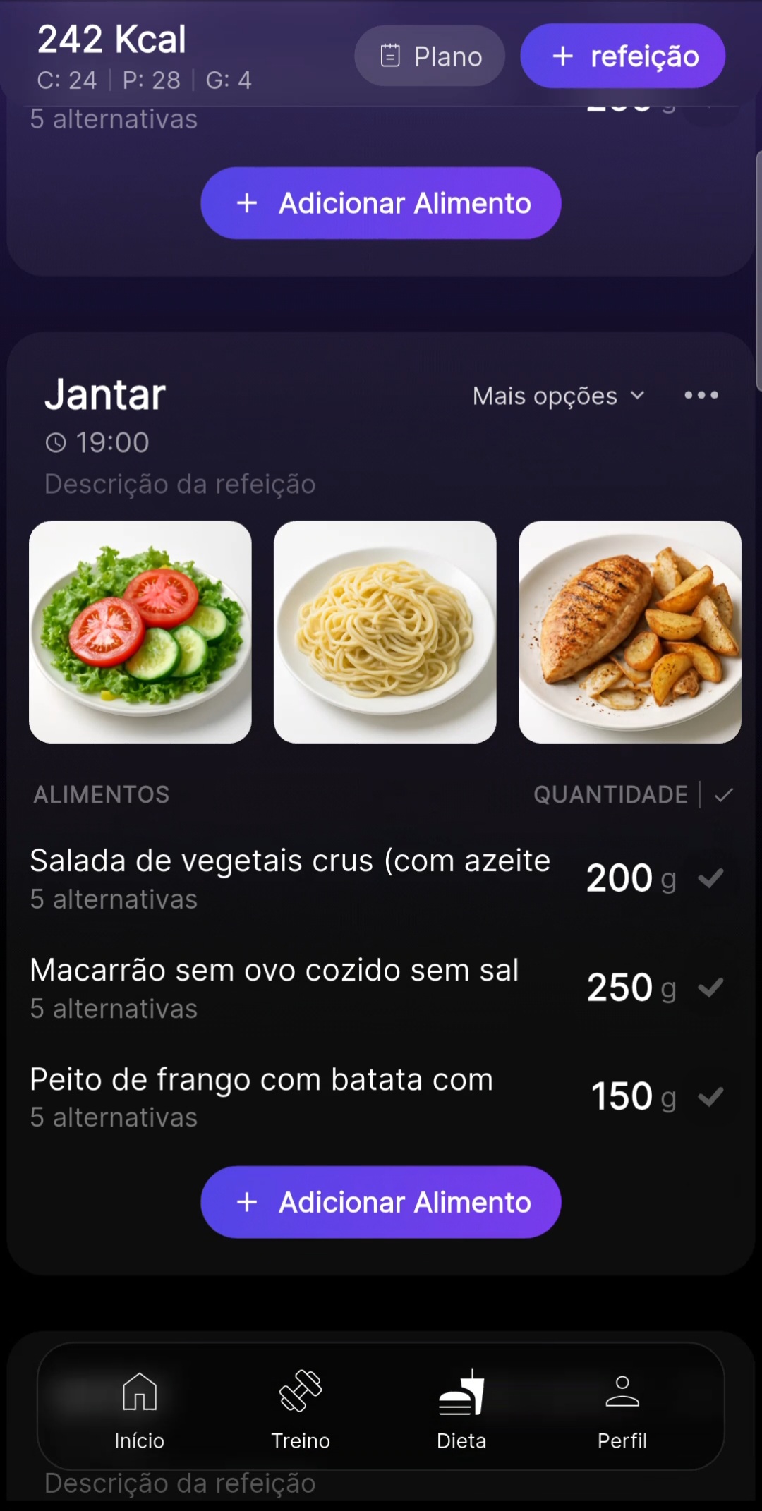 App do aluno Premium Coach — dieta com fotos e check individual por alimento