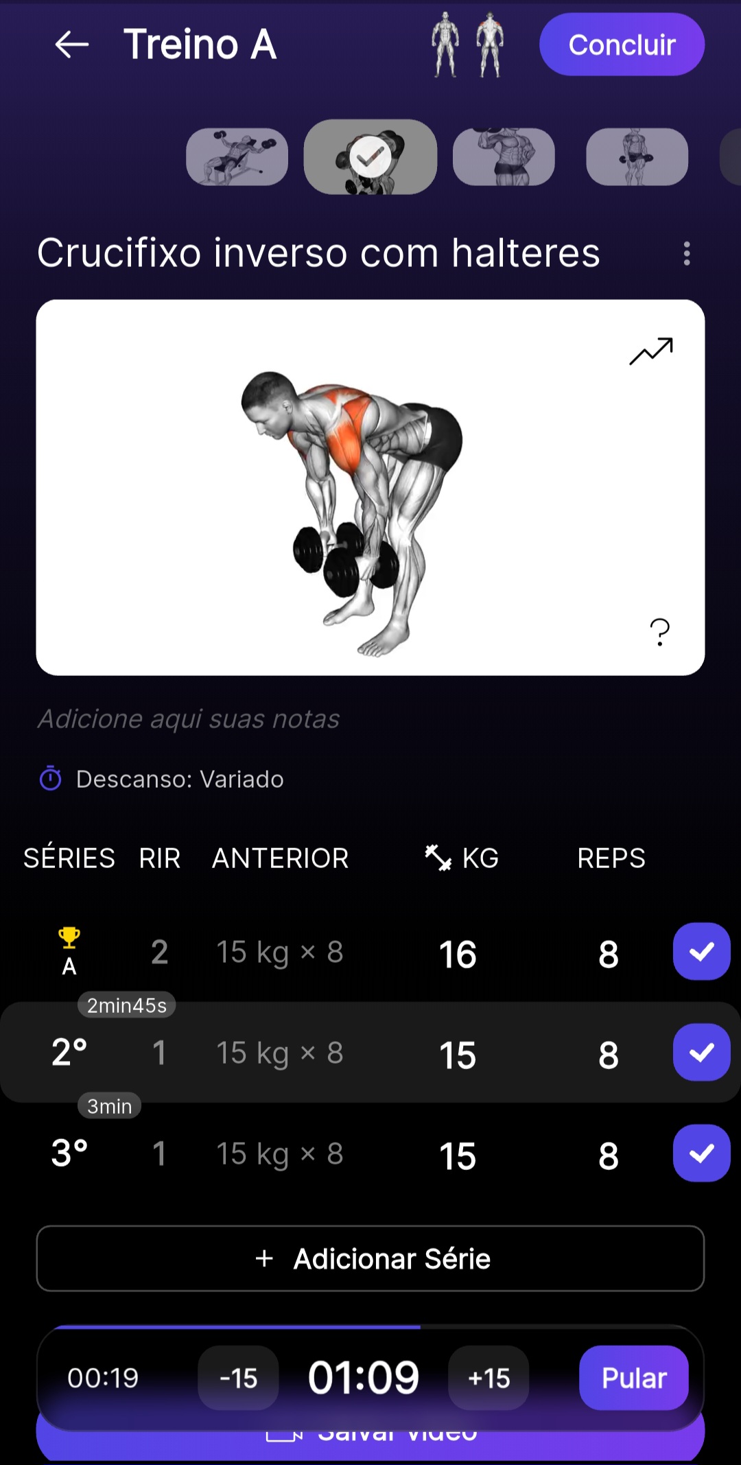 App do aluno Premium Coach — execução de treino com tabela de séries, RIR e timer