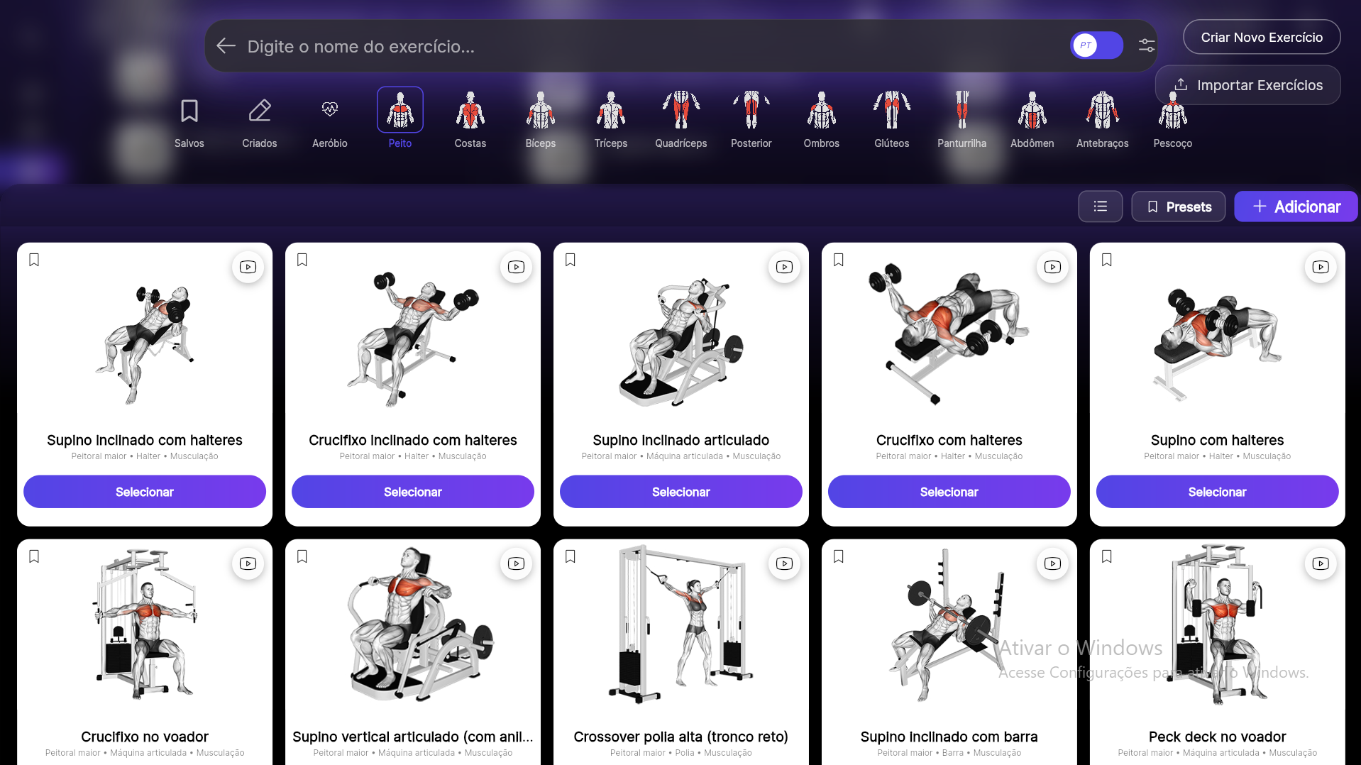 Premium Coach — grid de exercícios com filtro anatômico visual