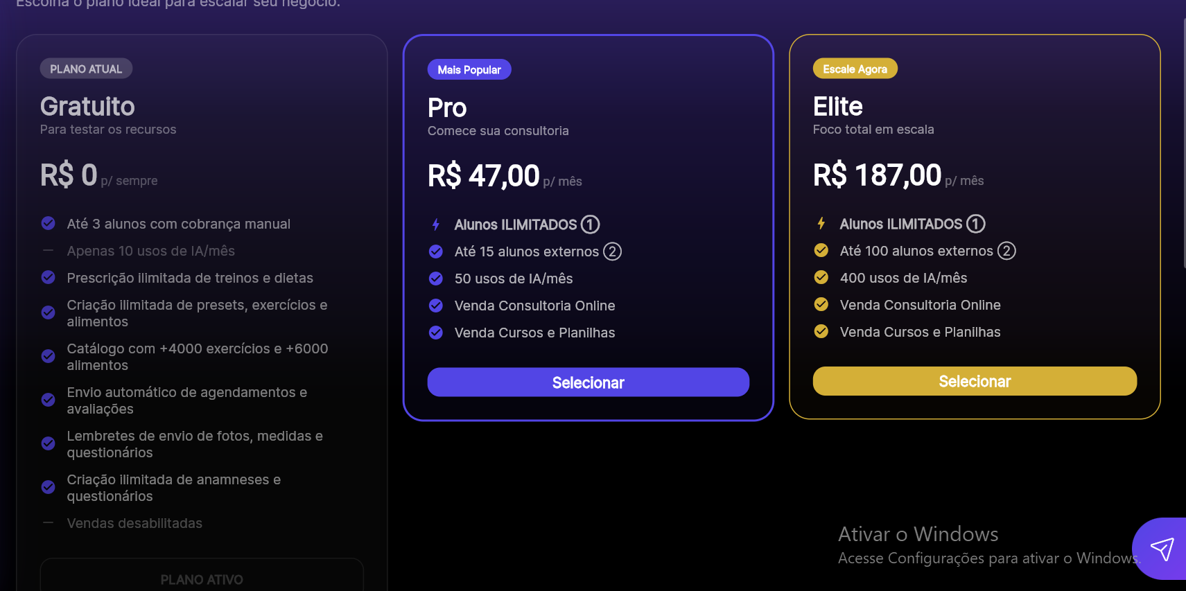 Premium Coach — tabela de planos: Gratuito, Pro R$47 com alunos ilimitados, Elite R$187