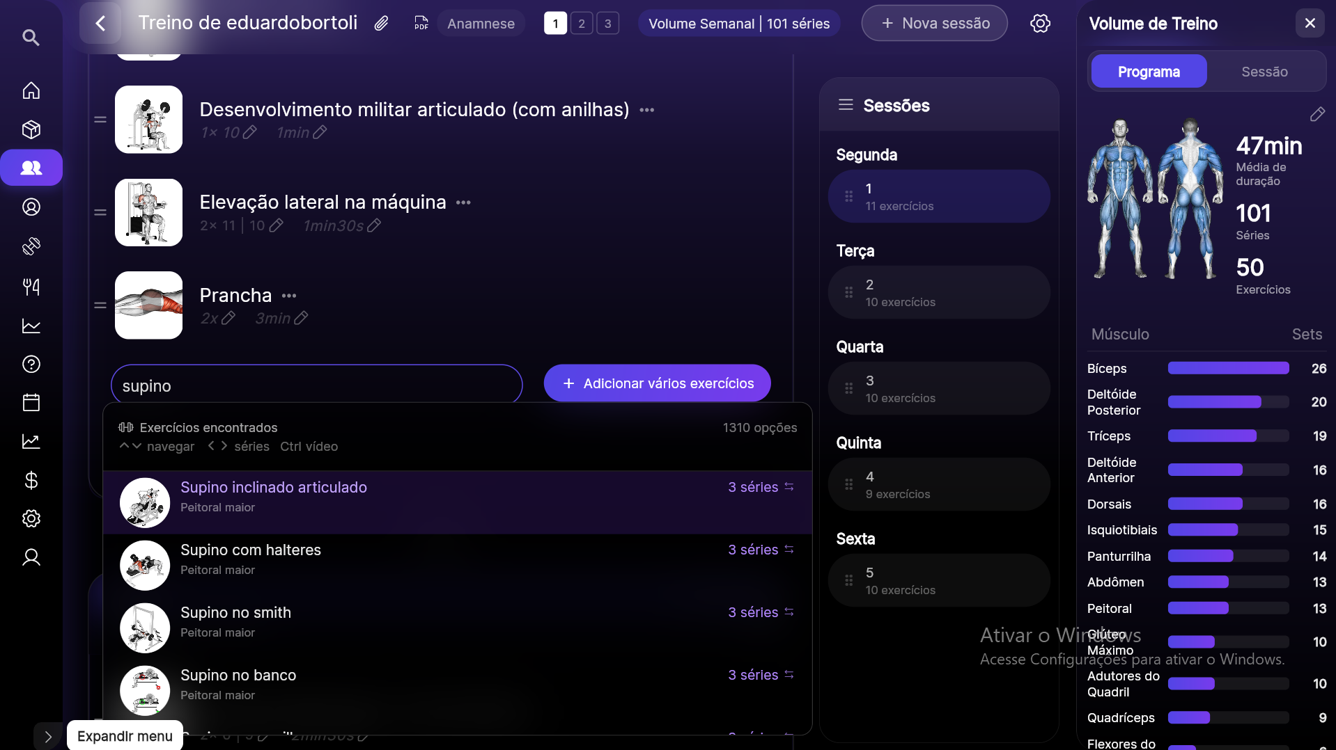 Editor de treino do Premium Coach em coluna única com busca de exercícios e volume muscular