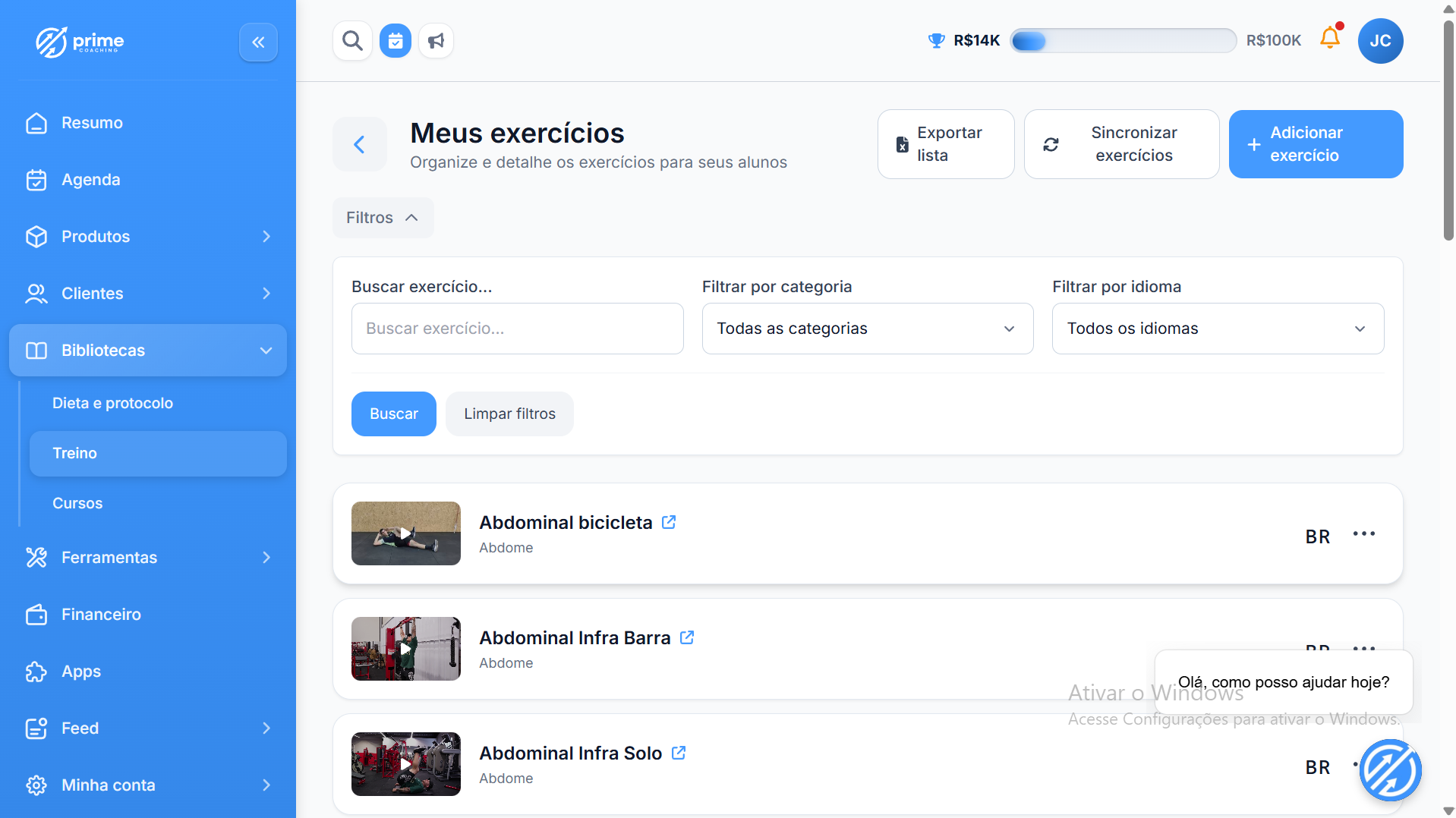 Prime Coaching — lista de exercícios com vídeo de um personal específico