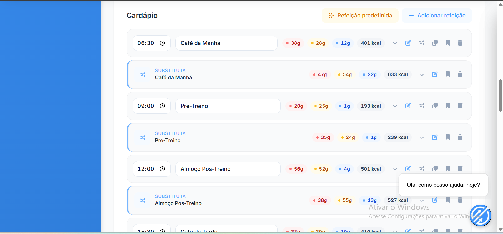 Prime Coaching — cardápio com refeições colapsadas em lista