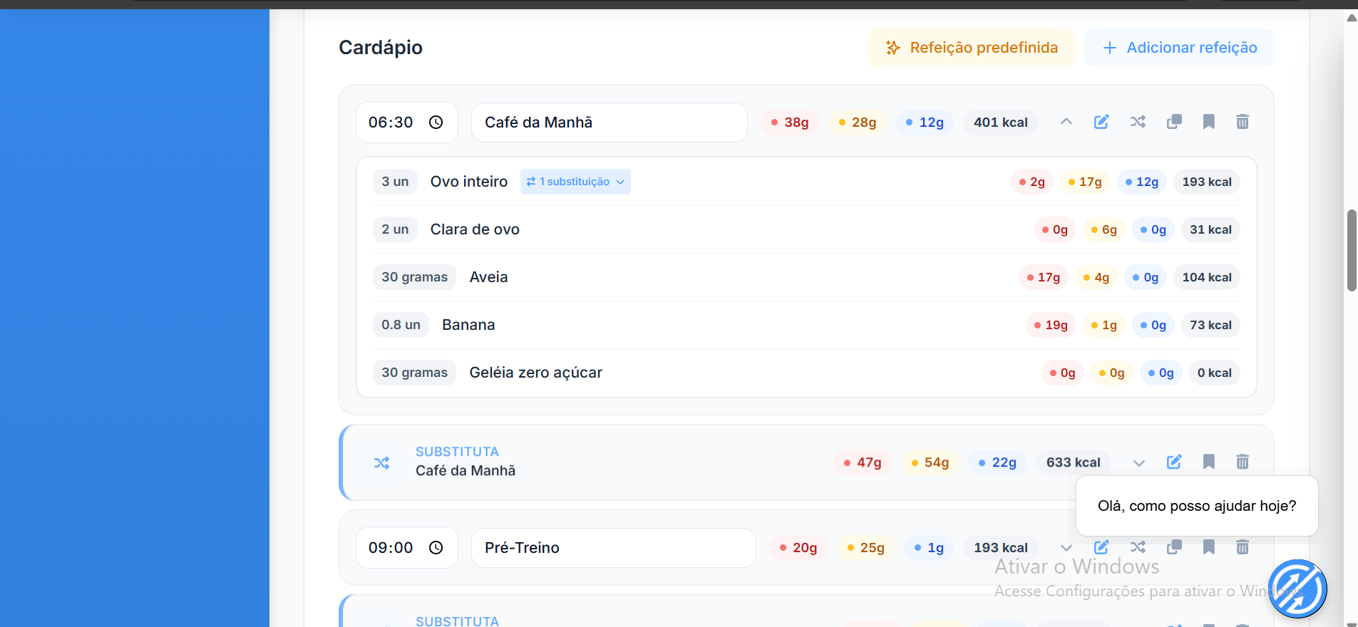 Prime Coaching — refeição expandida com alimentos em texto, sem fotos