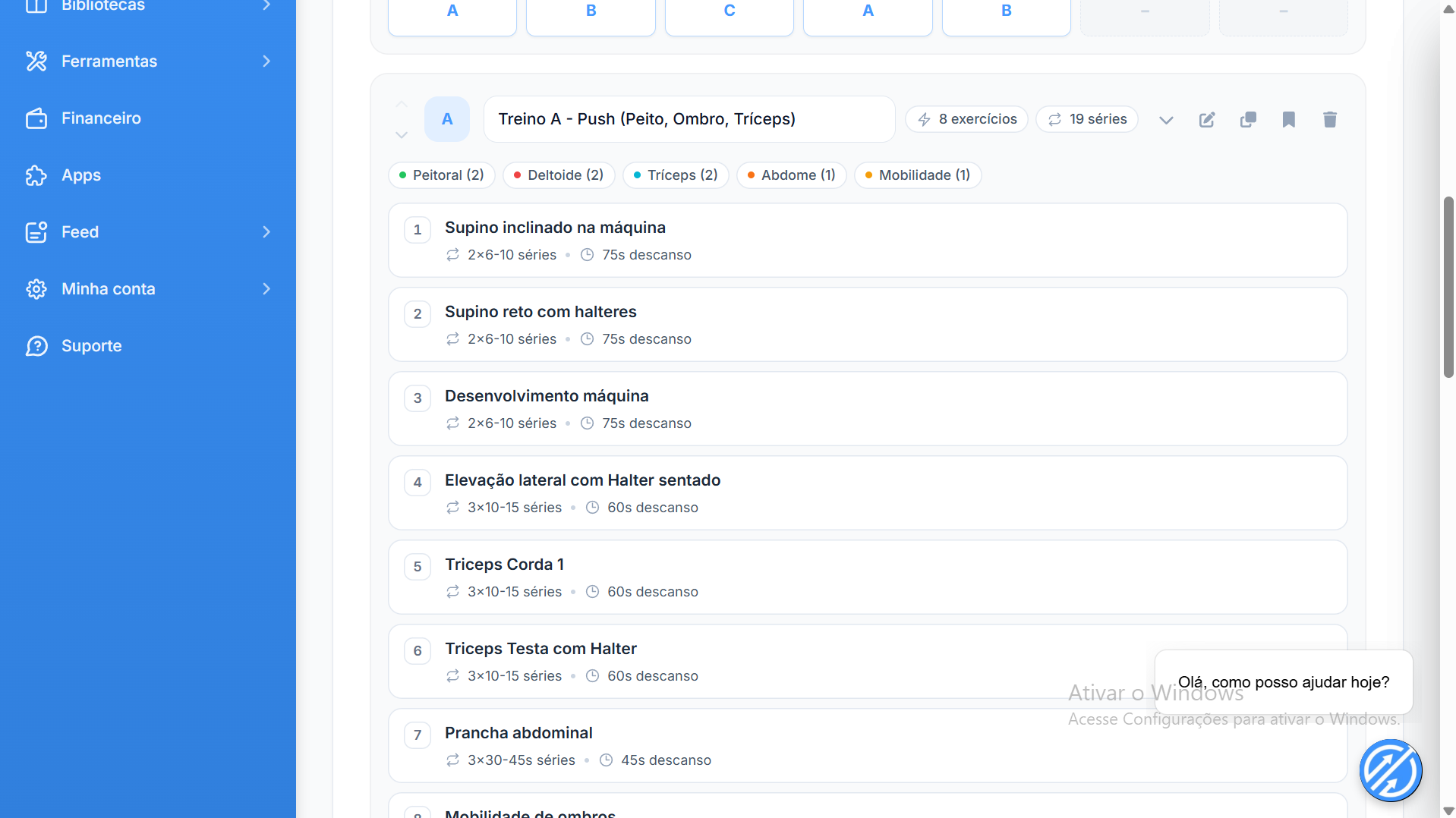 Prime Coaching exibindo lista de exercícios de uma sessão com séries em texto livre