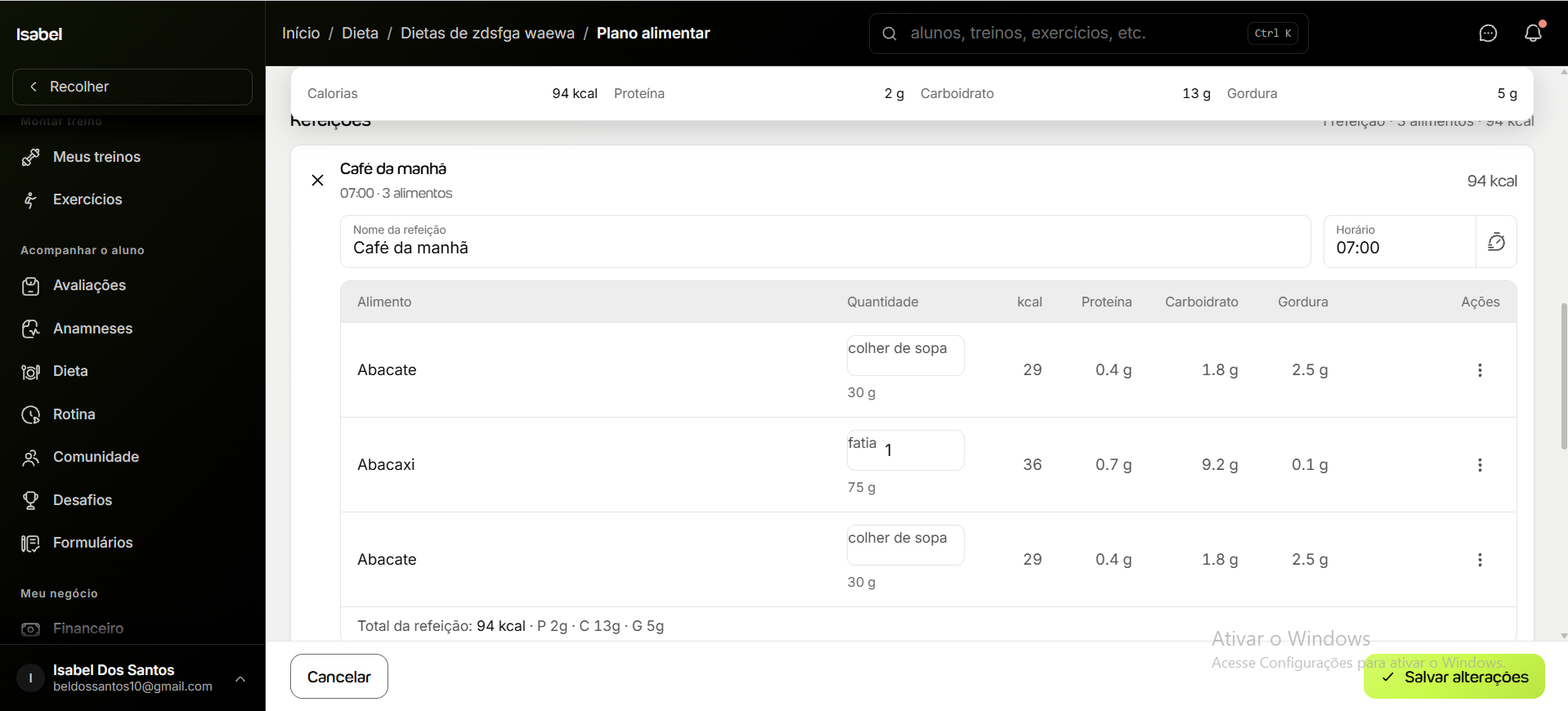 Editor de dieta na Well Trainer